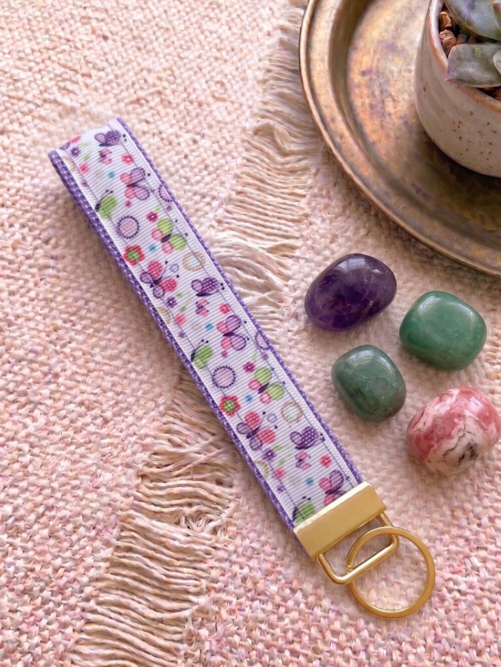 New Handmade Purple Butterfly Floral Ribbon Key Fob Wristlet Keychain